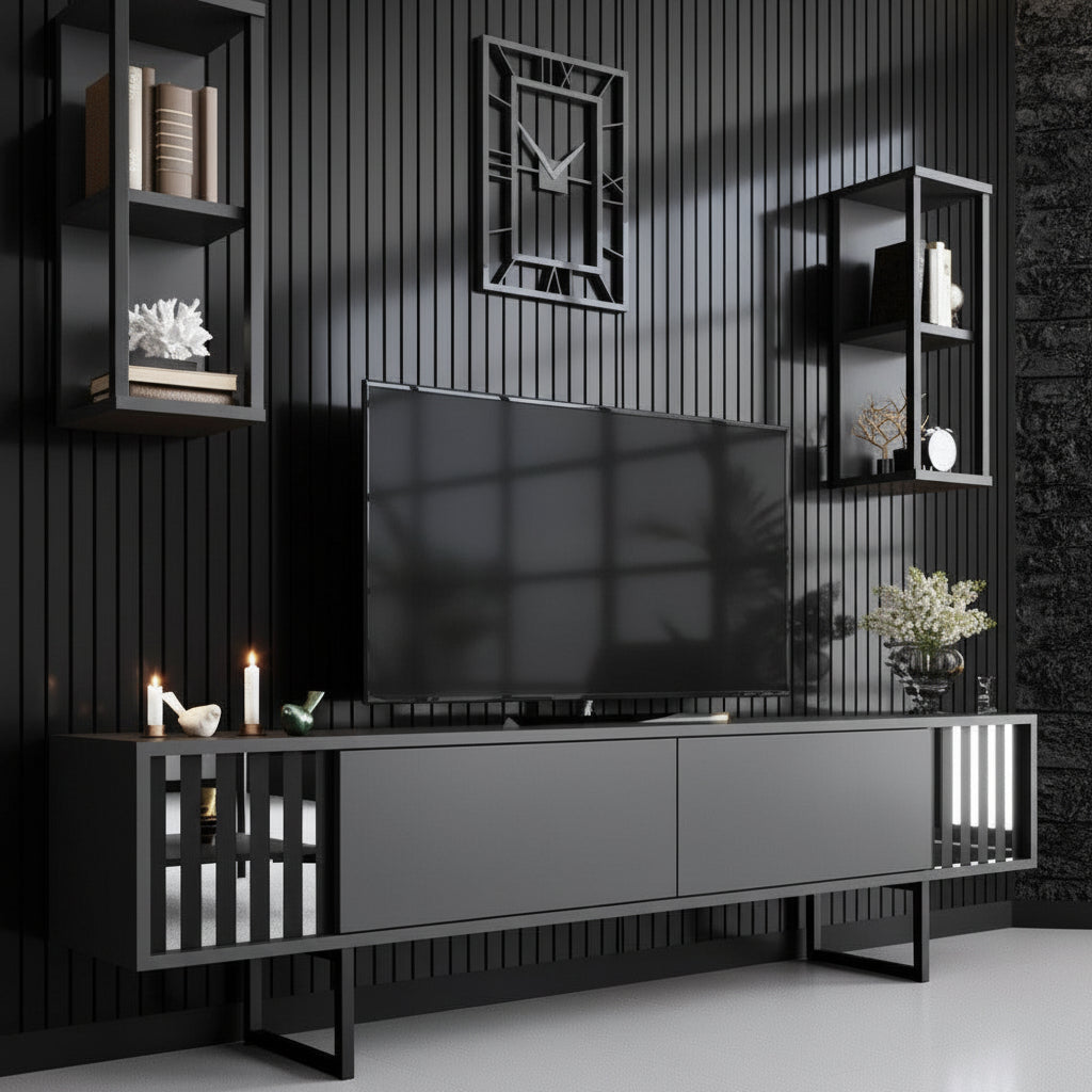 Comoda Tv Chrome Line Tv Stand Stylish, Gri, 180x48x30 cm - Negru