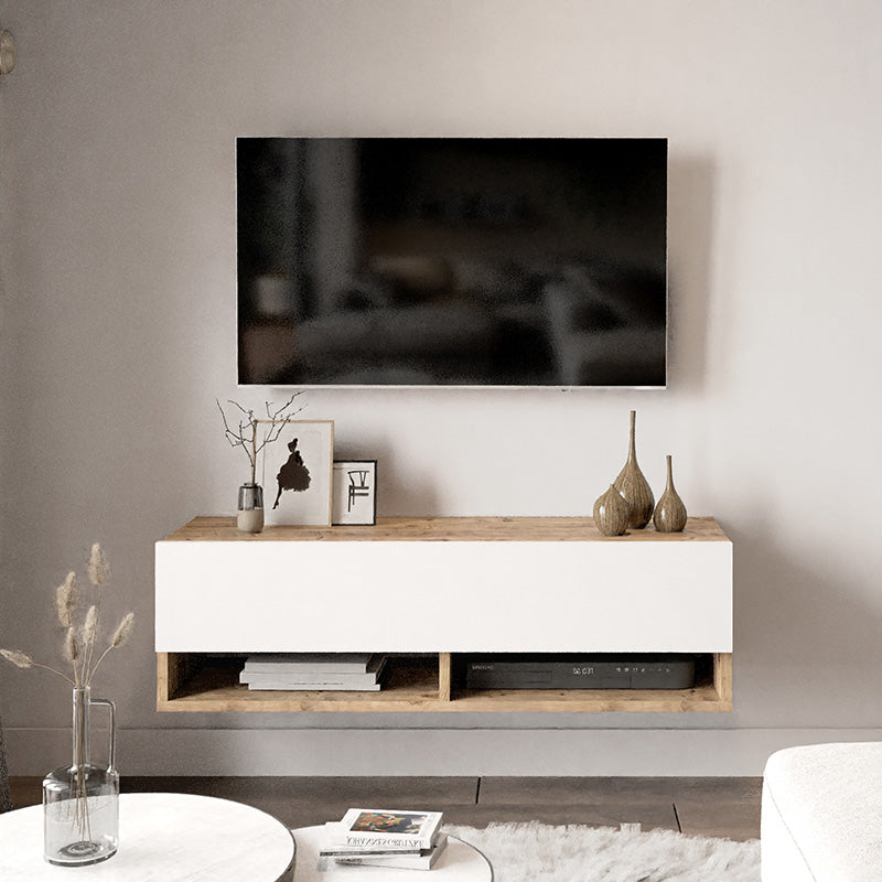 Comoda TV de perete Roscoe, 100x32x30 cm - Alb-Stejar