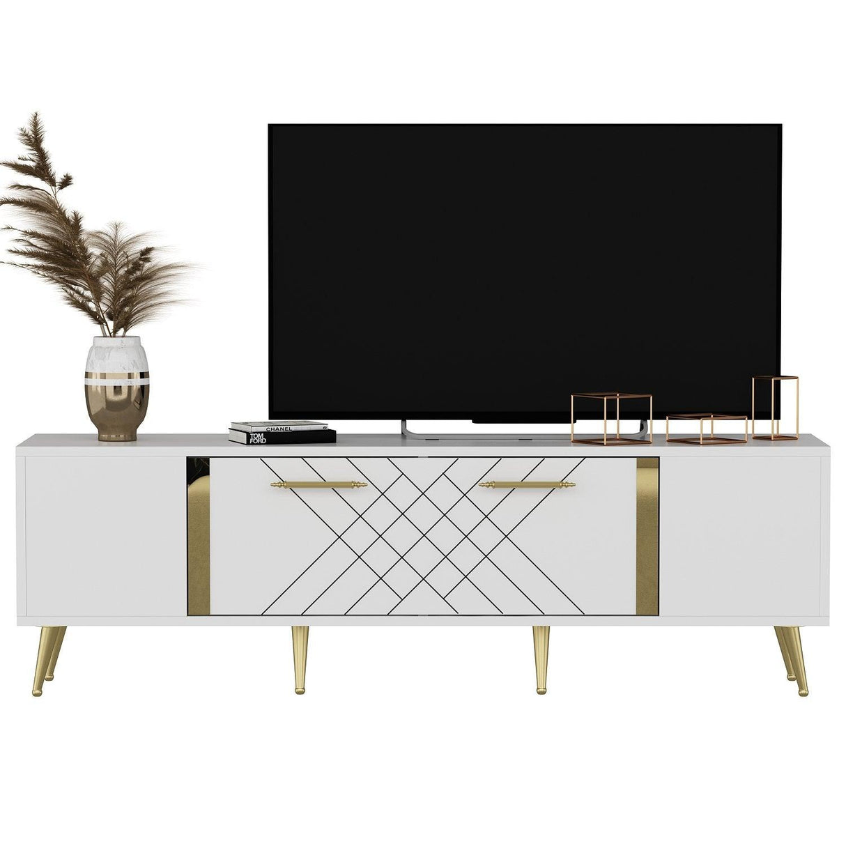 COMODA TV Detas - White, Gold, Alb, 150x48x35 cm