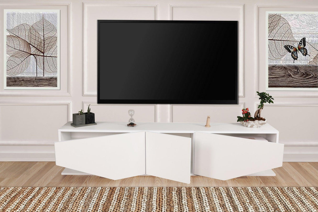 Comoda Tv Elegant cu 3 usi, Alb, 180 x 40 x 30 cm