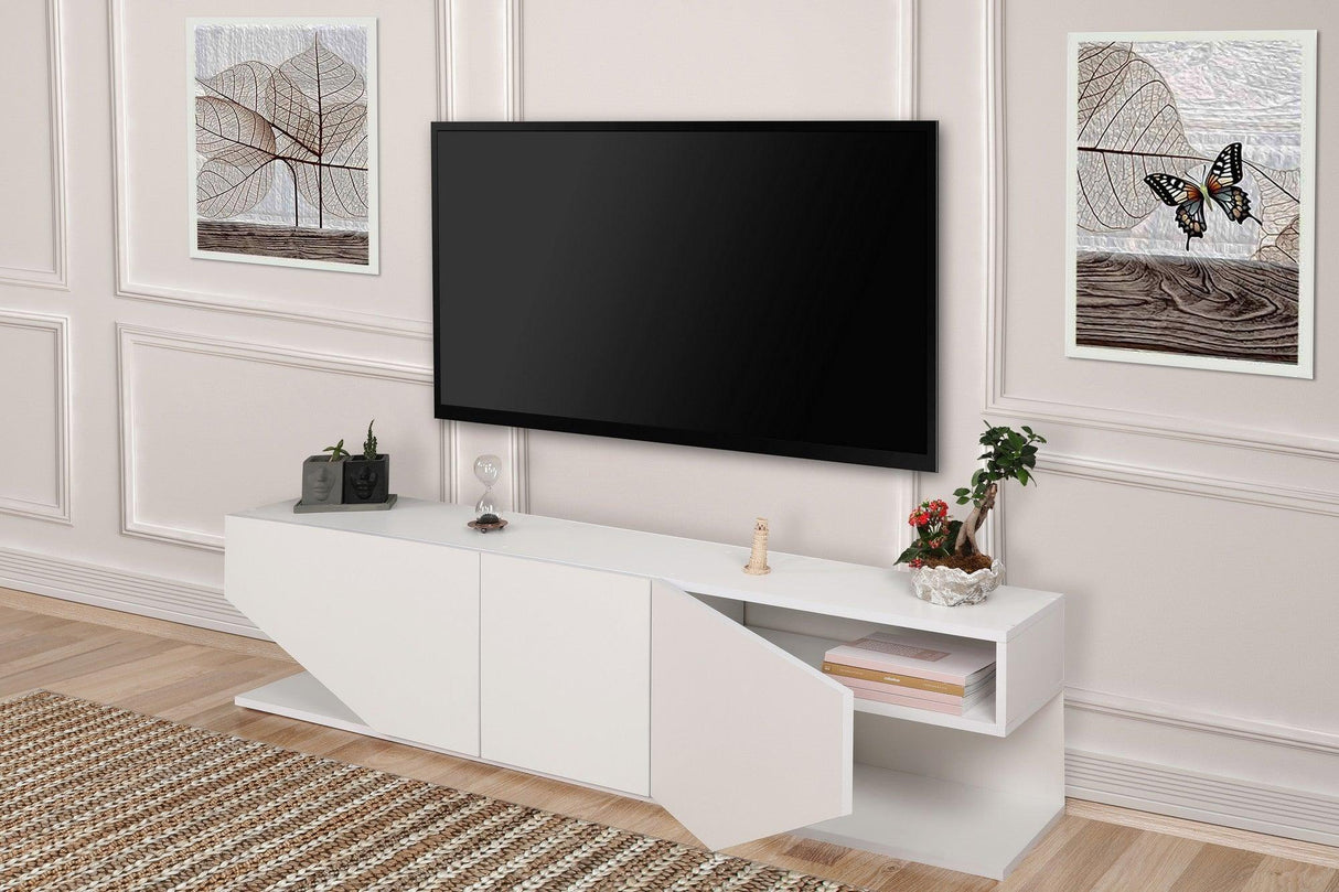 Comoda Tv Elegant cu 3 usi, Alb, 180 x 40 x 30 cm