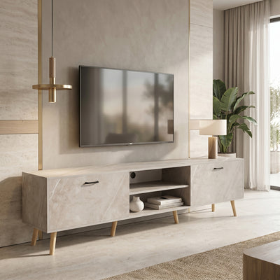 Comoda TV Gorna, Aspect marmura, Bej, 180x35x49 cm