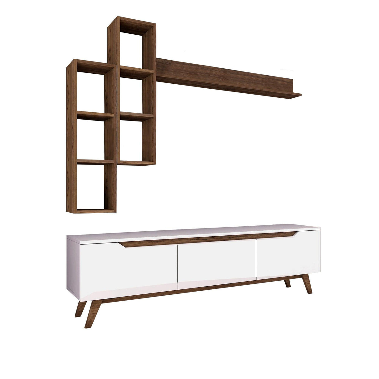 Comoda tv Hirvat cu biblioteca elegant, Alb - Nuc, 180x49x35 cm
