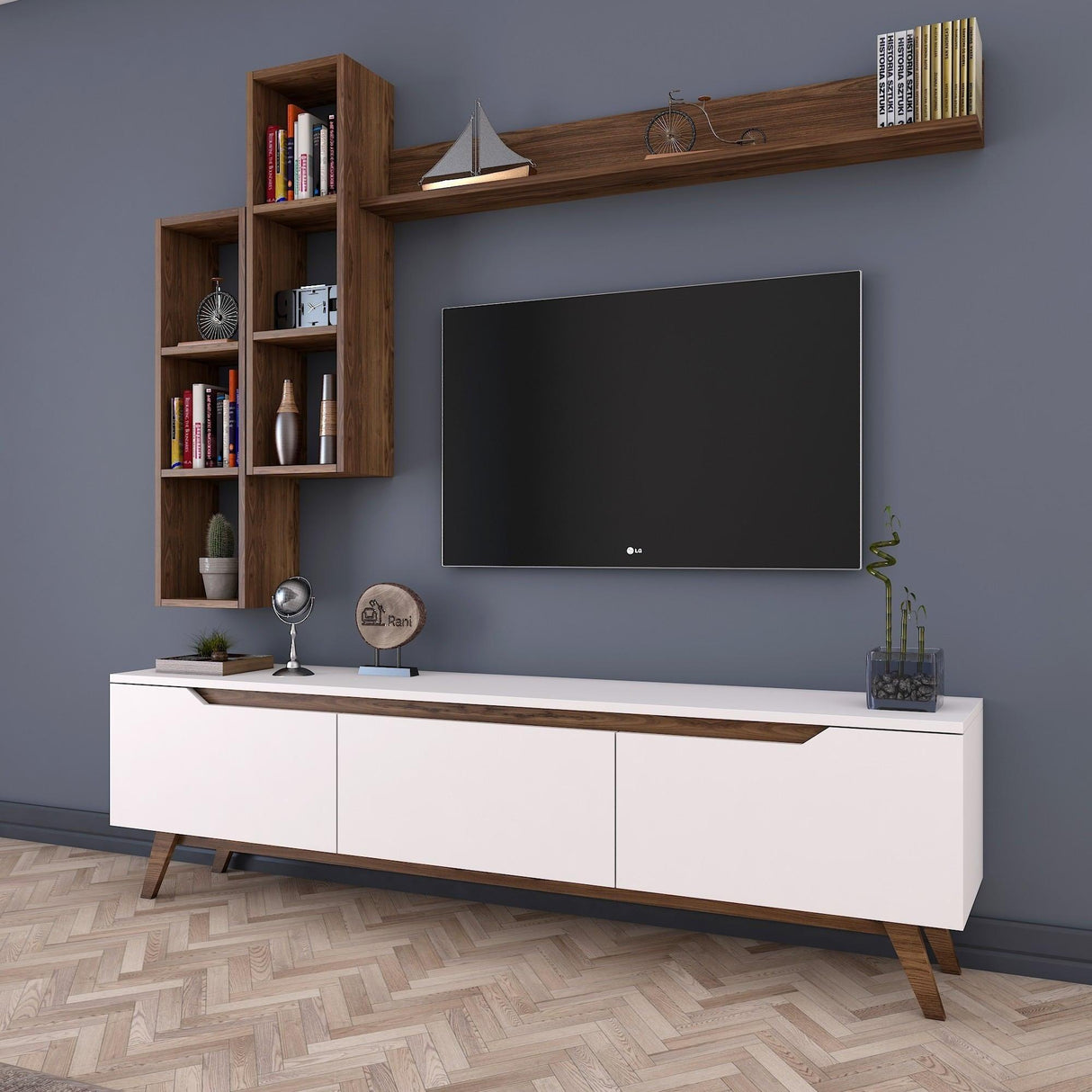 Comoda tv Hirvat cu biblioteca elegant, Alb - Nuc, 180x49x35 cm