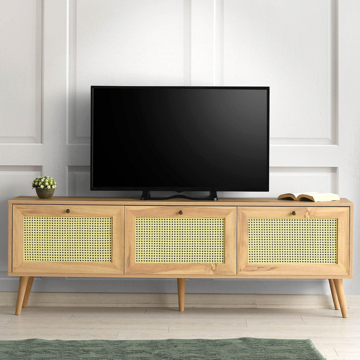 Comoda Tv Likya 3 compartimente Scandinav, Crem, 180 x 60 x 40 cm