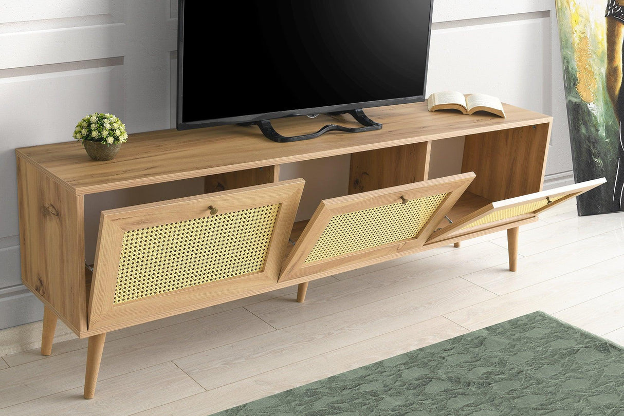 Comoda Tv Likya 3 compartimente Scandinav, Crem, 180 x 60 x 40 cm