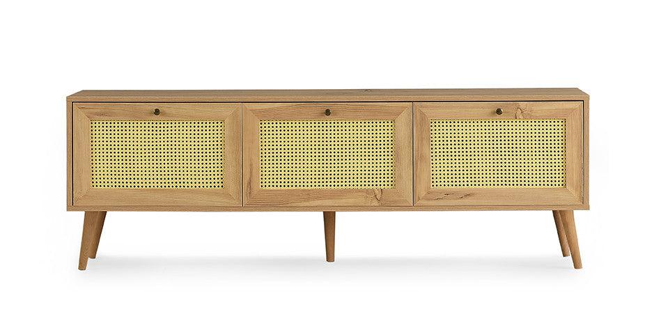 Comoda Tv Likya 3 compartimente Scandinav, Crem, 180 x 60 x 40 cm