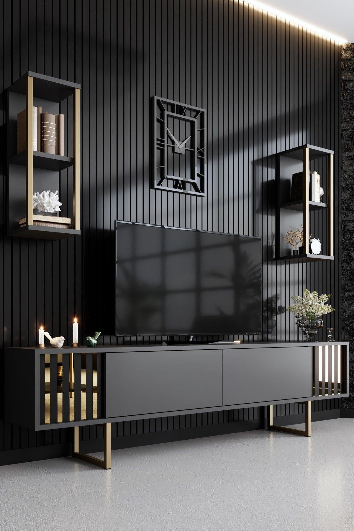 Comoda Tv Lux Gold Line Tv Stand Stylish, Alb - Nuc - Gri, 180 x 48 x 30 cm - Gri