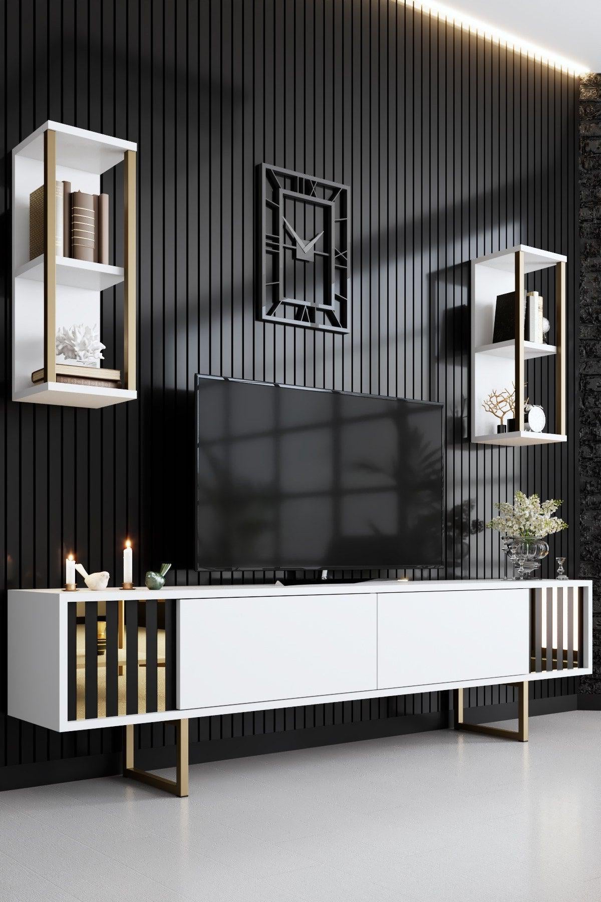 Comoda Tv Lux Gold Line Tv Stand Stylish, Alb - Nuc - Gri, 180 x 48 x 30 cm - Alb