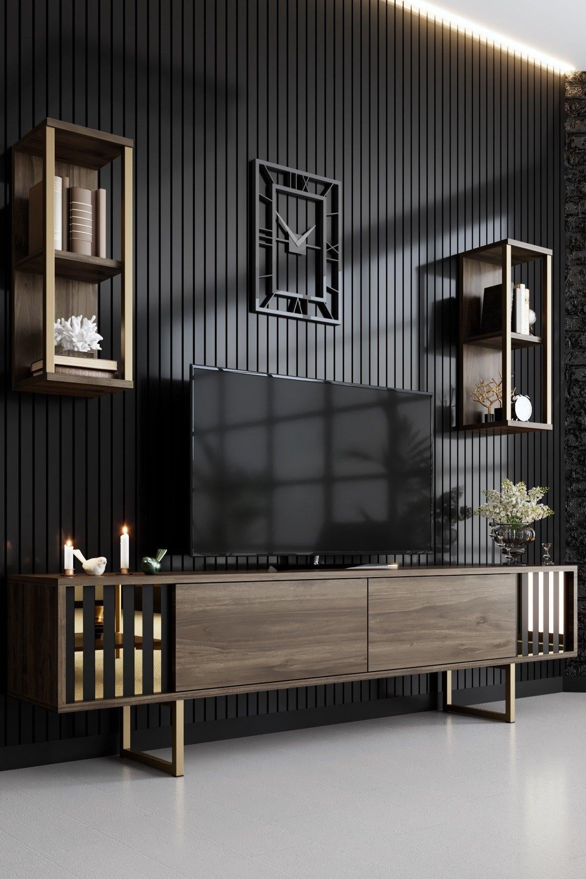 Comoda Tv Lux Gold Line Tv Stand Stylish, Alb - Nuc - Gri, 180 x 48 x 30 cm - Maro