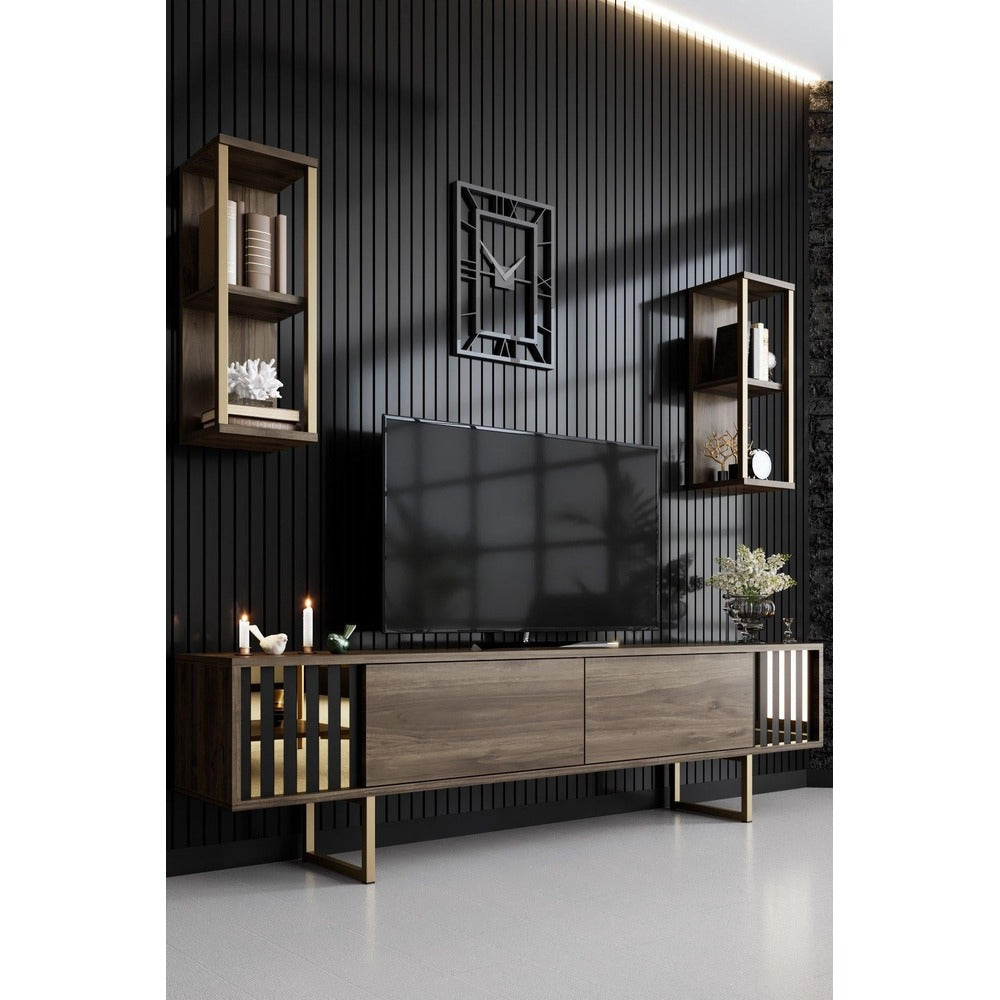 Comoda Tv Lux Gold Line Tv Stand Stylish, Alb - Nuc - Gri, 180x48x30 cm - Maro