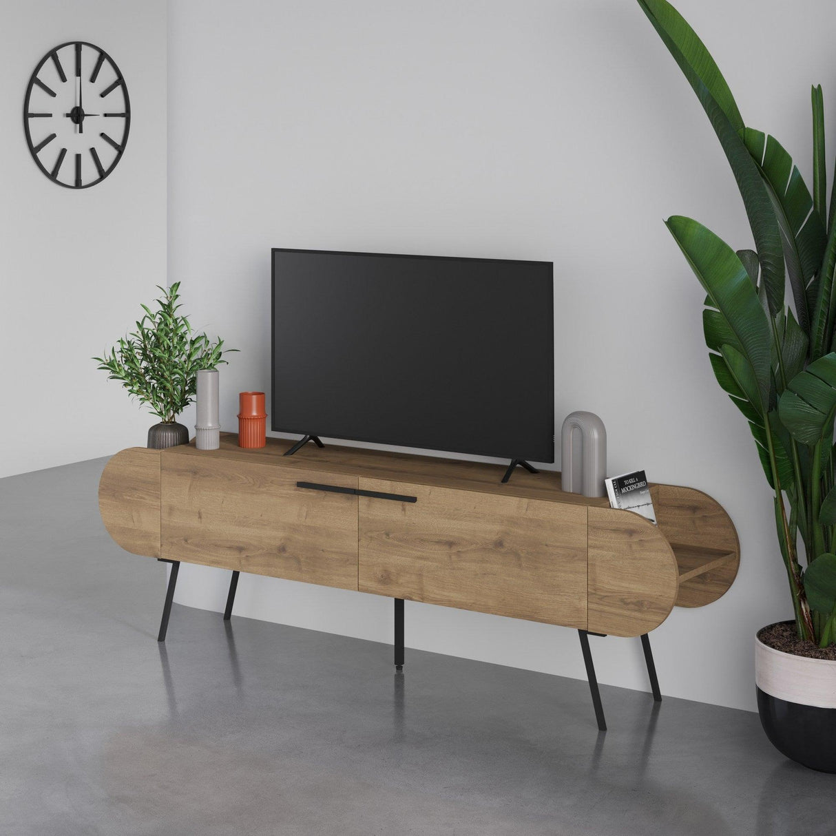 Comoda Tv Malmo Stil Scandinav cu 2 usi si rafturi, 195 x 50 x 58 cm