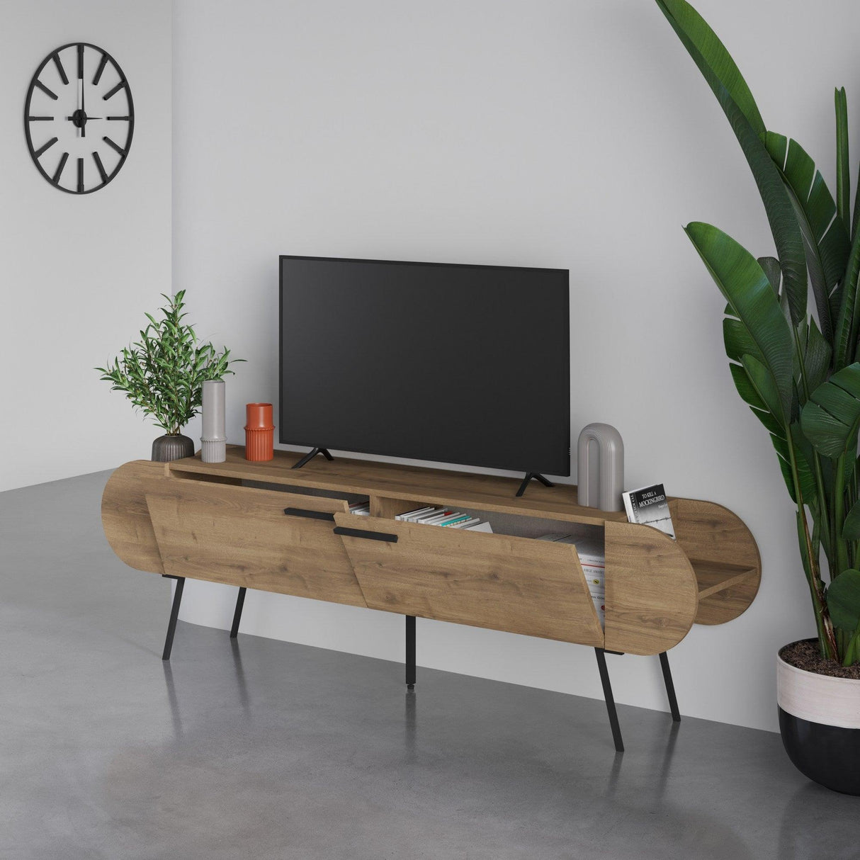 Comoda Tv Malmo Stil Scandinav cu 2 usi si rafturi, 195 x 50 x 58 cm