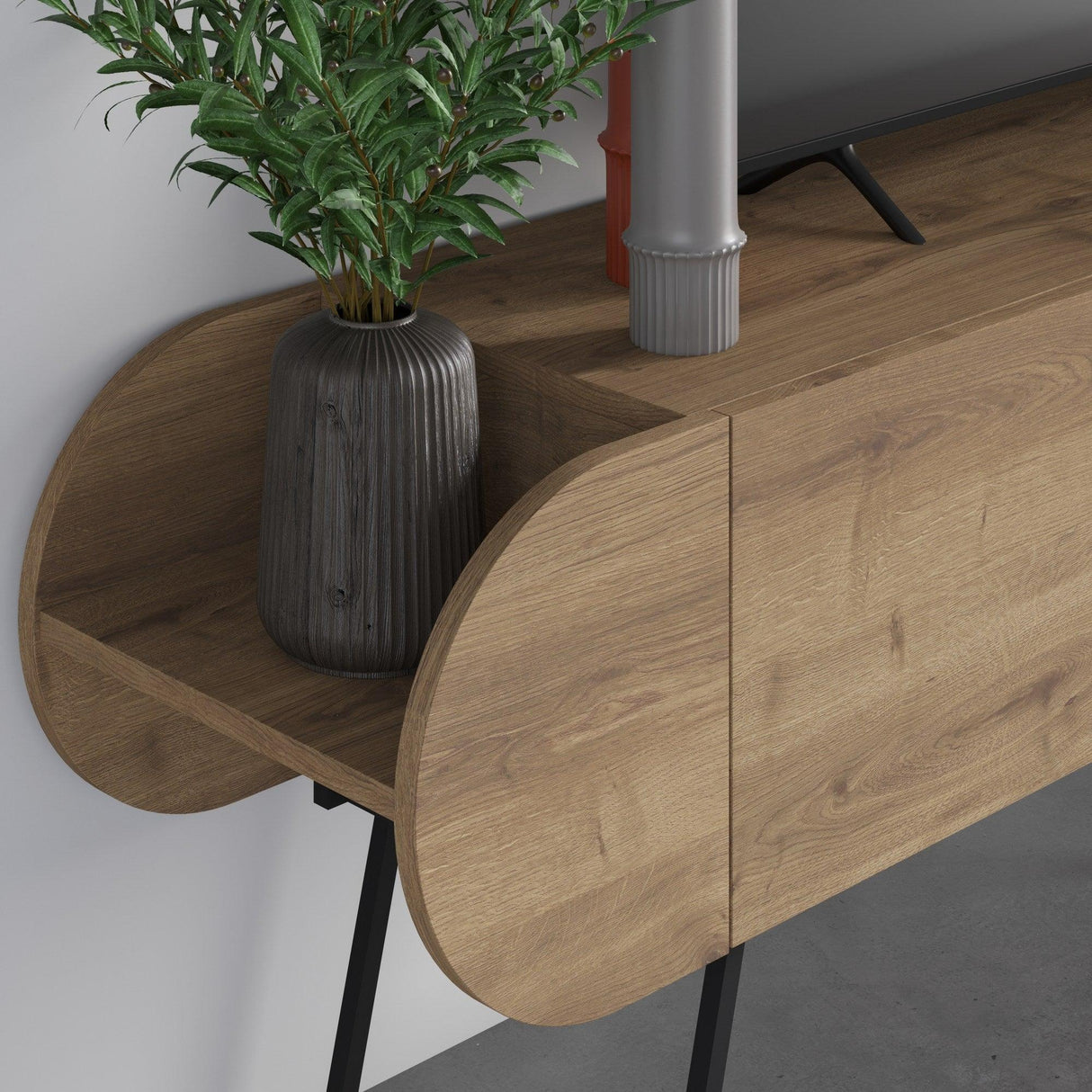 Comoda Tv Malmo Stil Scandinav cu 2 usi si rafturi, 195 x 50 x 58 cm