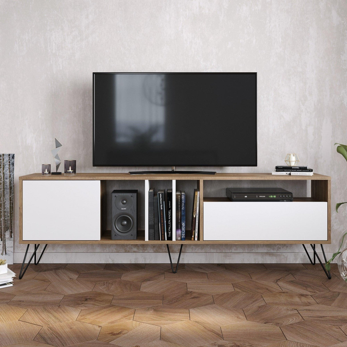 COMODA TV Mistico (180) - Walnut, White, Nuc, 180x59x36 cm