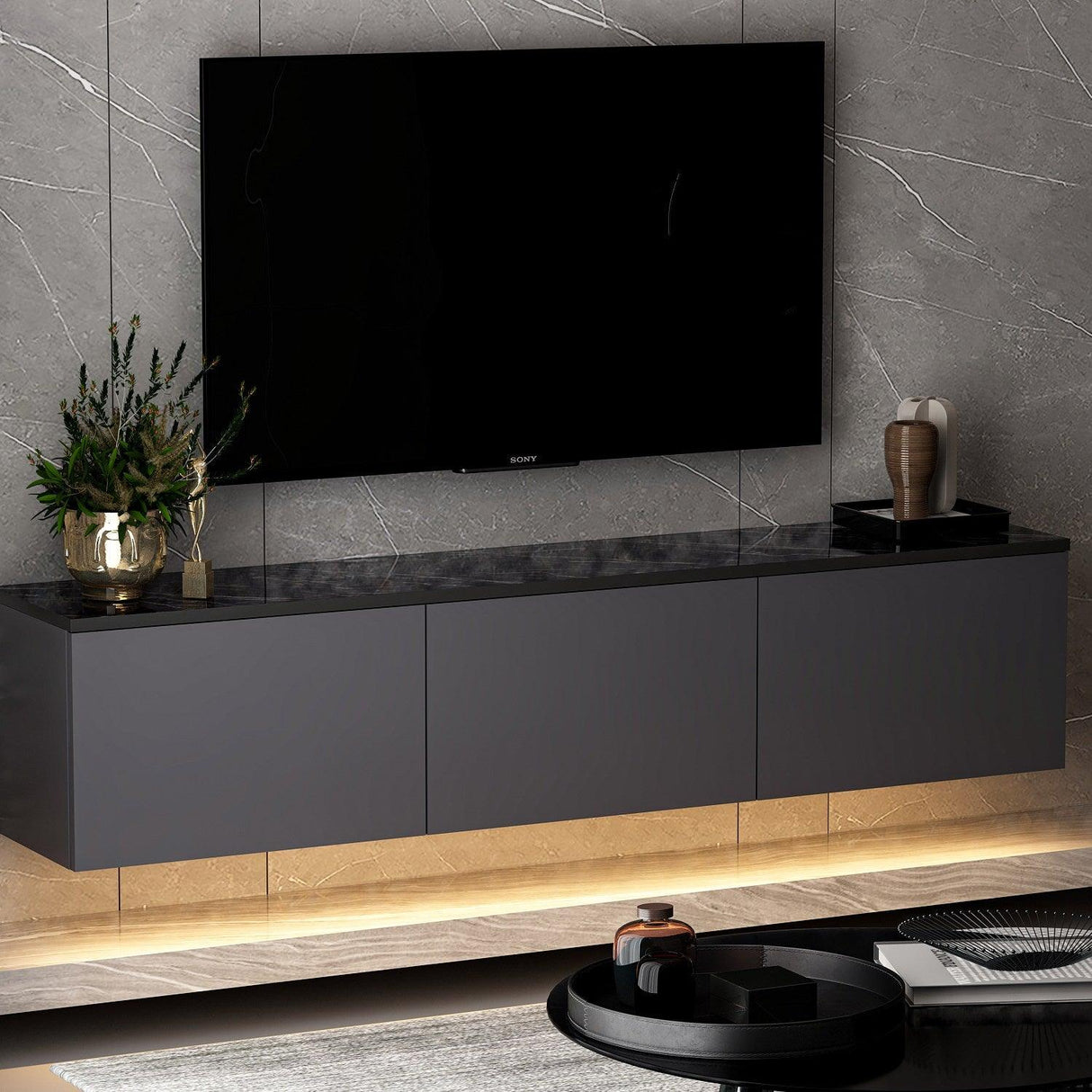COMODA TV Neon Illuminated - Anthracite, Gri, 32x35x160 cm