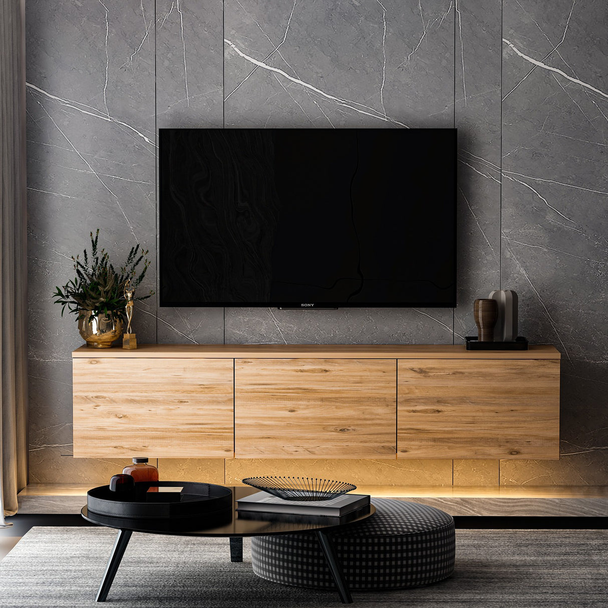 Comoda TV Neon Inarch, alb - stejar, pin atlantic, 160x32 cm - Atlantic Pine