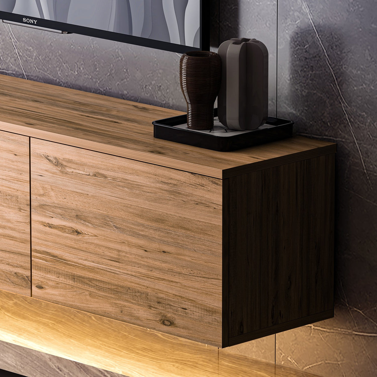 Comoda TV Neon Inarch, alb - stejar, pin atlantic, 160x32 cm - Atlantic Pine