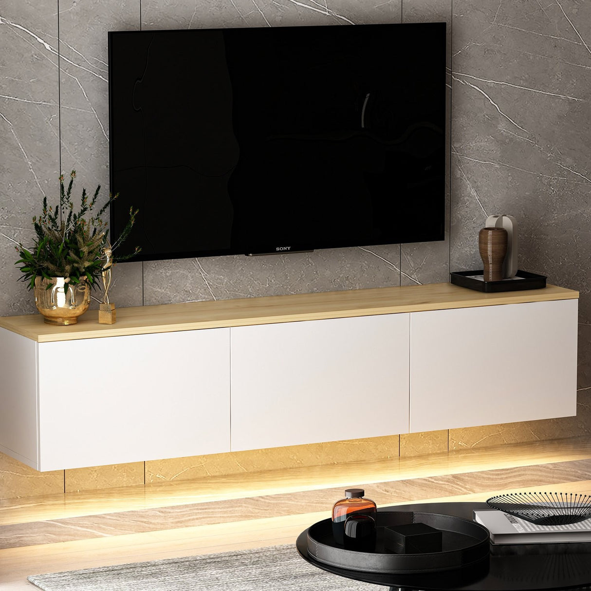 Comoda TV Neon Inarch, alb - stejar, pin atlantic, 160x32 cm - White
Oak