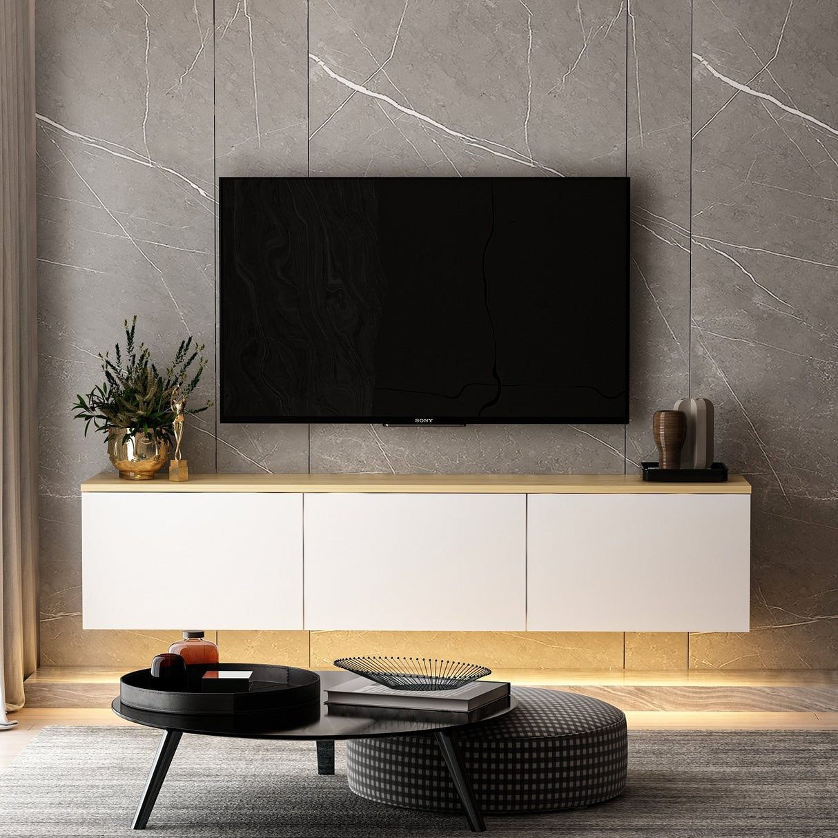 Comoda TV Neon Inarch, alb - stejar, pin atlantic, 160x32 cm - White
Oak