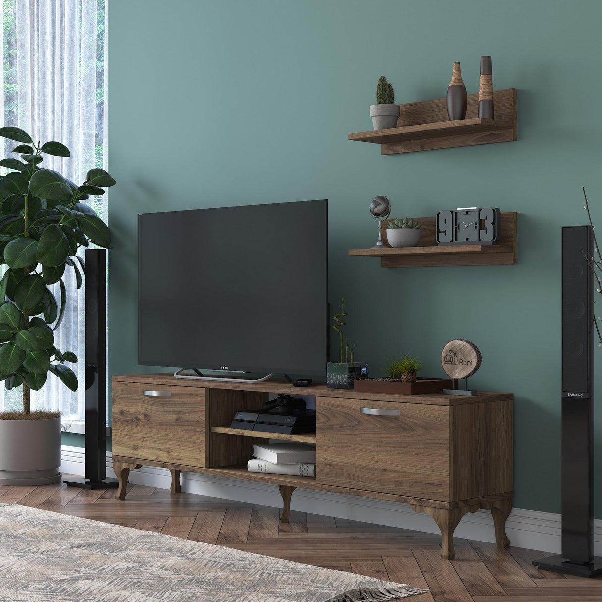 Comoda Tv Trendyol cu Rafturi, Nuc, 150 x 44 x 30 cm