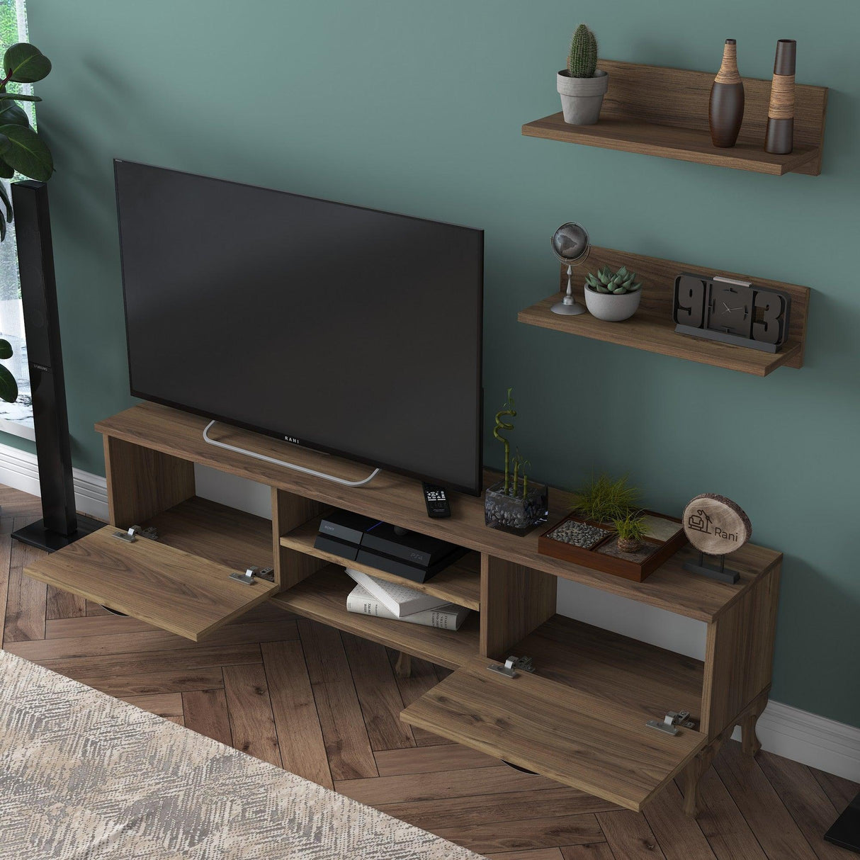 Comoda Tv Trendyol cu Rafturi, Nuc, 150 x 44 x 30 cm