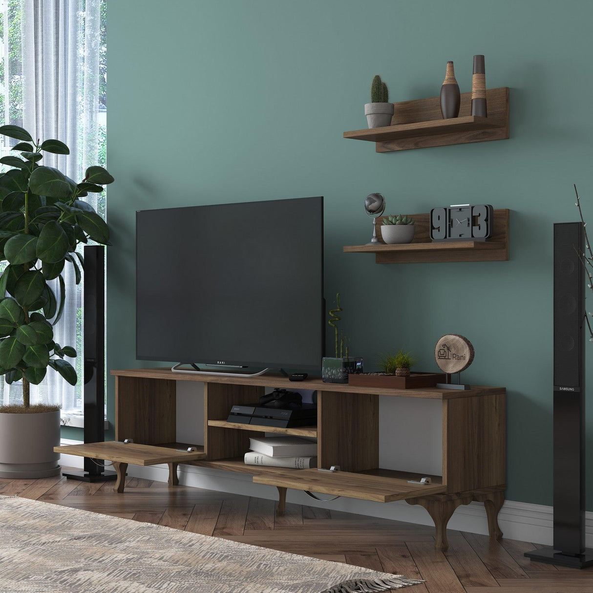 Comoda Tv Trendyol cu Rafturi, Nuc, 150 x 44 x 30 cm