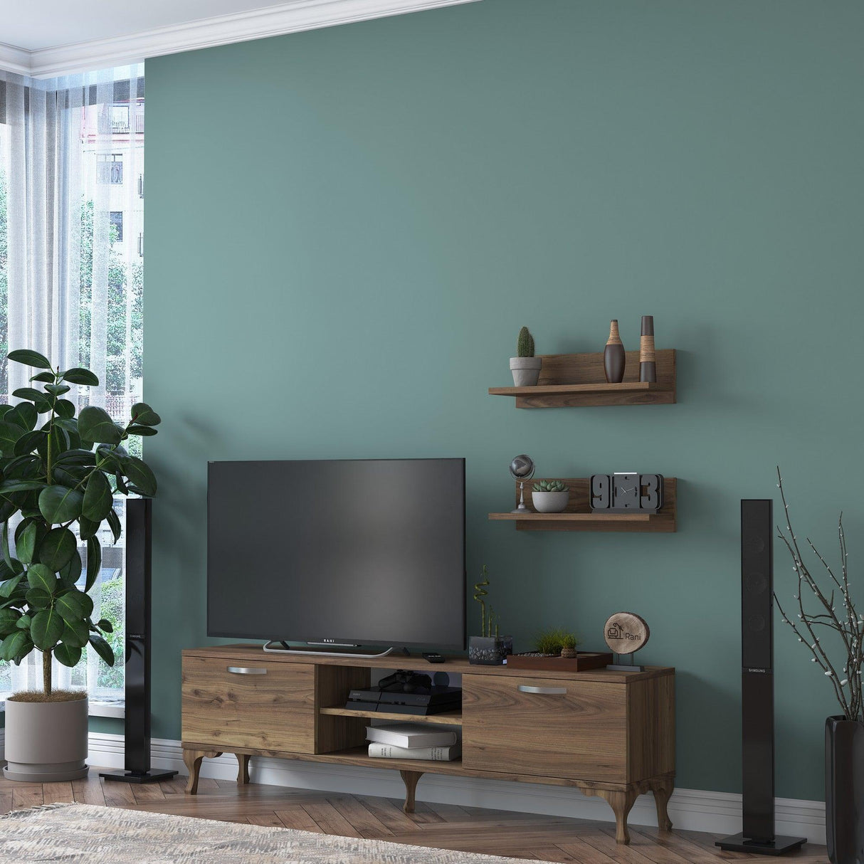 Comoda Tv Trendyol cu Rafturi, Nuc, 150 x 44 x 30 cm