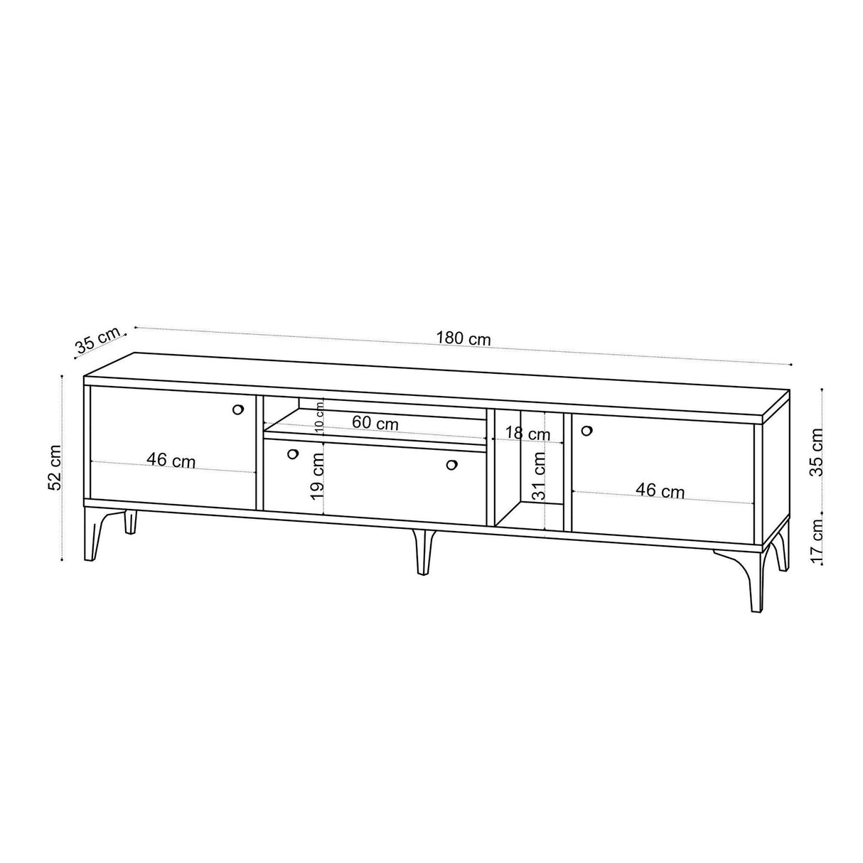 Comoda Tv Watcher cu 3 usi si rafturi, Stejar, 180 x 52 x 35 cm