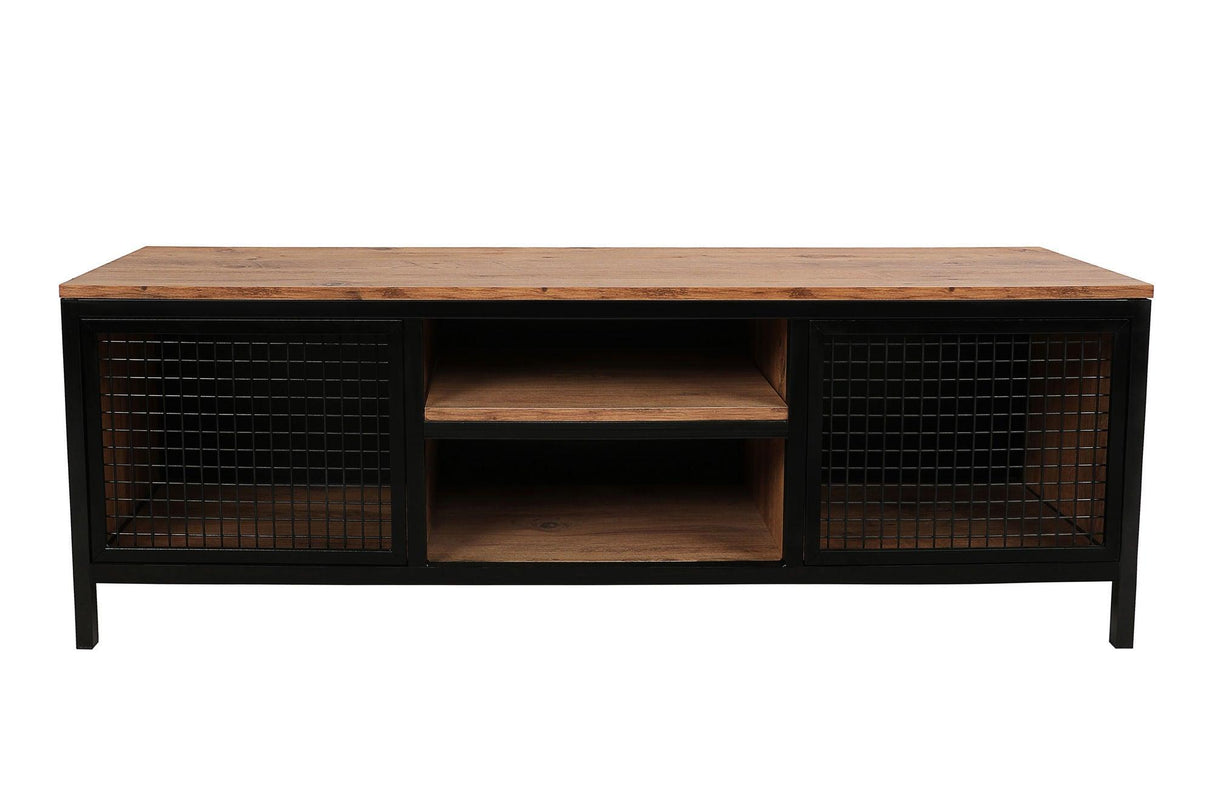 Comoda Tv Zeno usa metalica si rafturi, Stejar, 150 x 47 x 40 cm