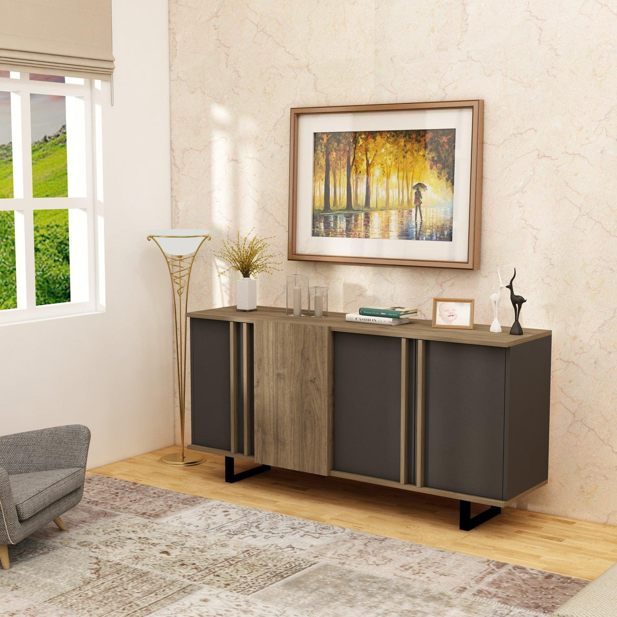 Consola Deco - Walnut, Anthracite, Nuc, 160 x 79 x 44 cm