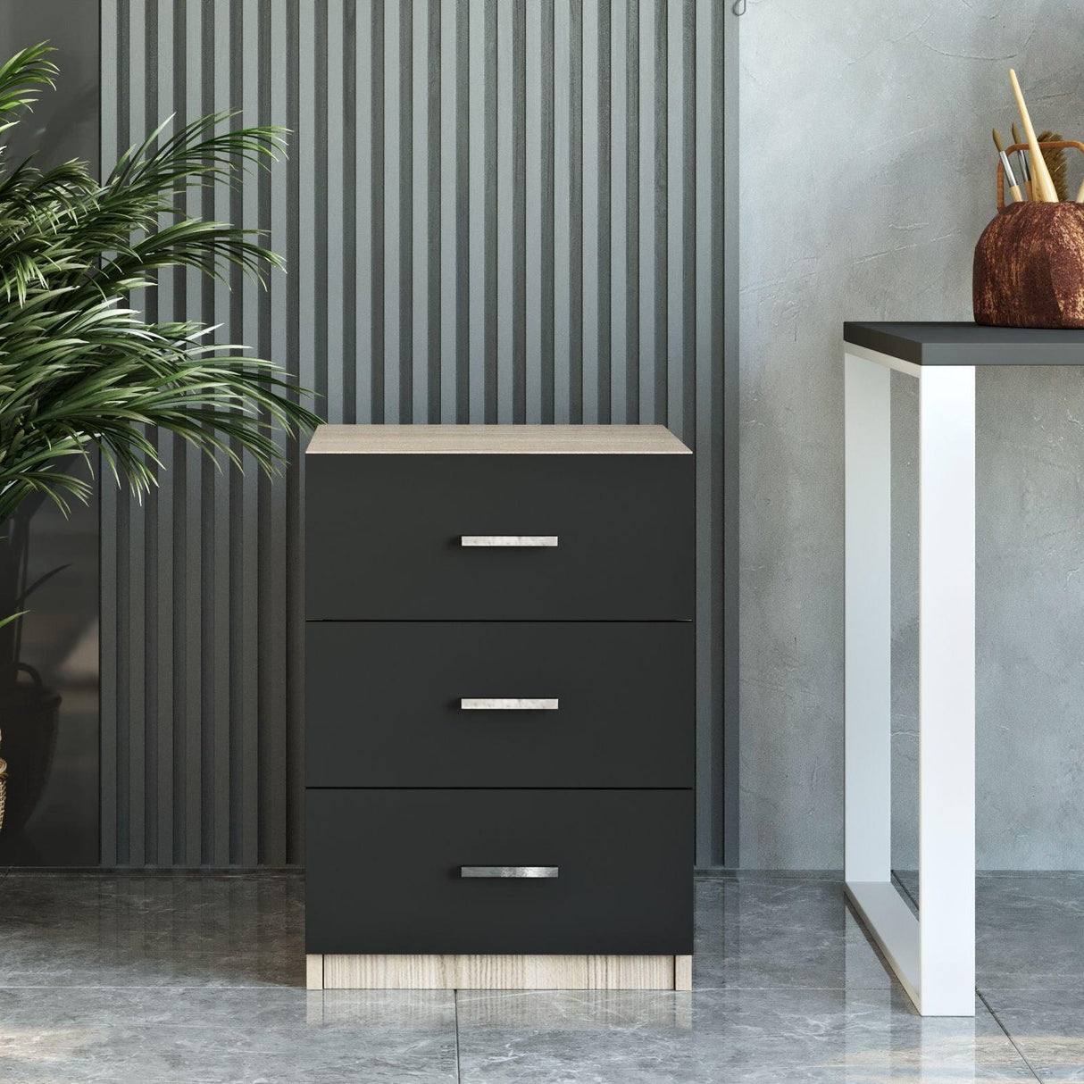 Corp Mobil - Birou - Rollbox 3 sertare, Stejar, 45 x 62 x 47 cm