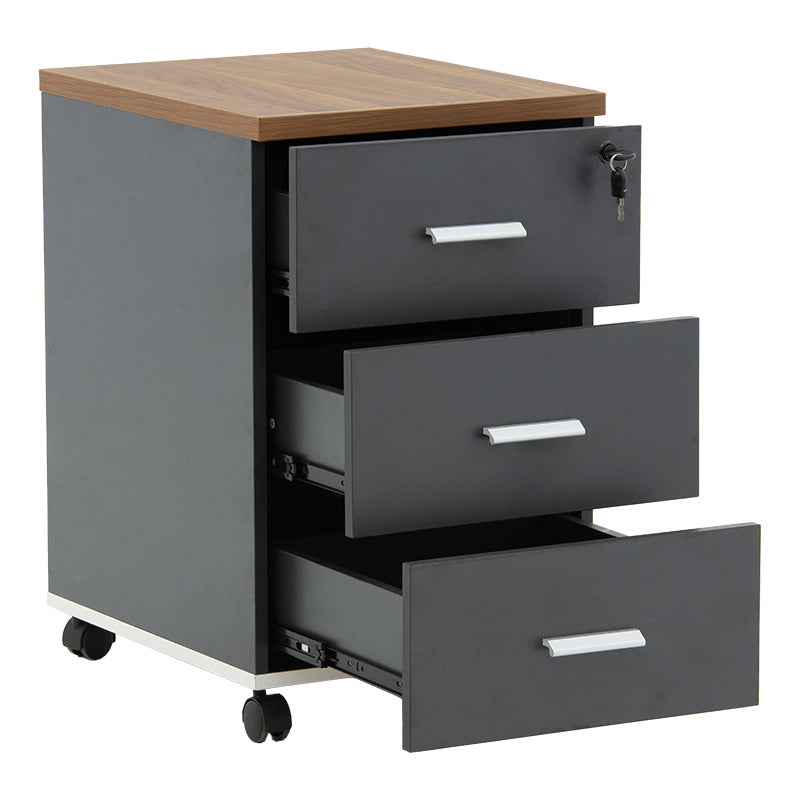 Corp mobil pe roti Oscar cu cheie, 3 sertare, nuc - antracit, 40x48x63 cm, detaliu produs