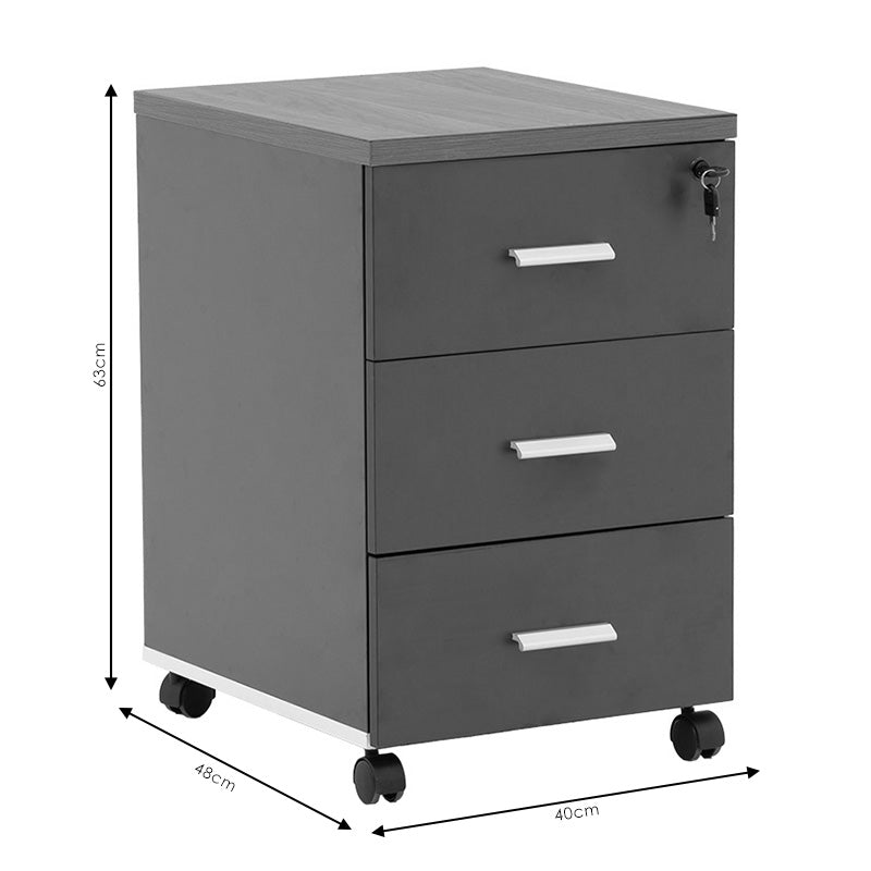 Corp mobil pe roti Oscar cu cheie, 3 sertare, nuc - antracit, 40x48x63 cm, foto produs 9