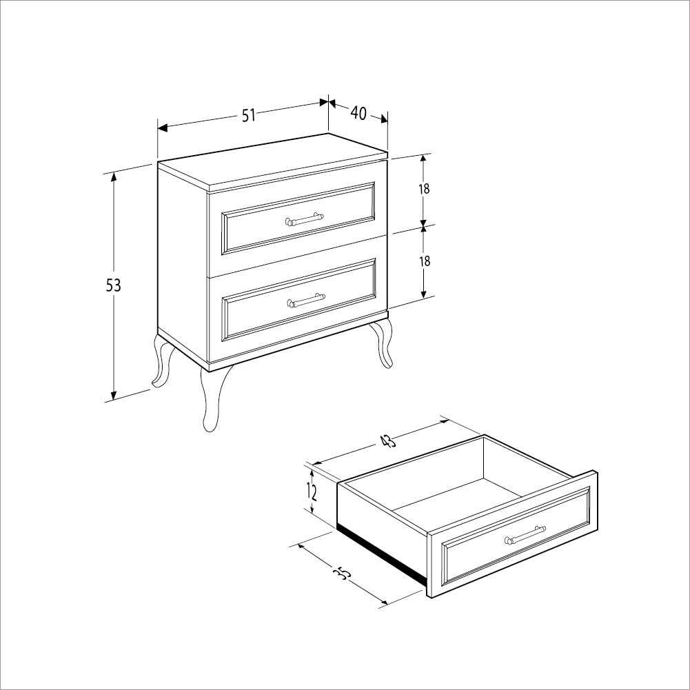 Noptiera Adore Country, 2 sertare, Alb Lake, 51 x 53 x 40 cm