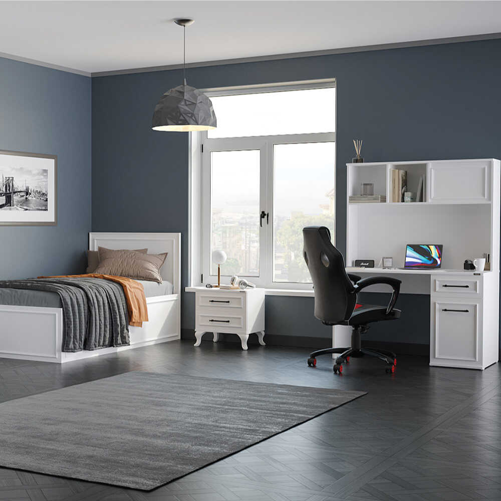 Birou Adore Country cu biblioteca, Alb Mat, 120x167x60 cm