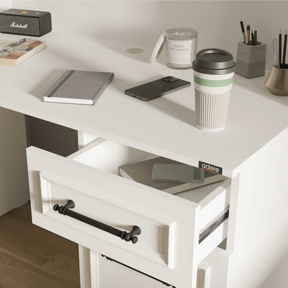 Birou Adore Country cu biblioteca, Alb Mat, 120x167x60 cm