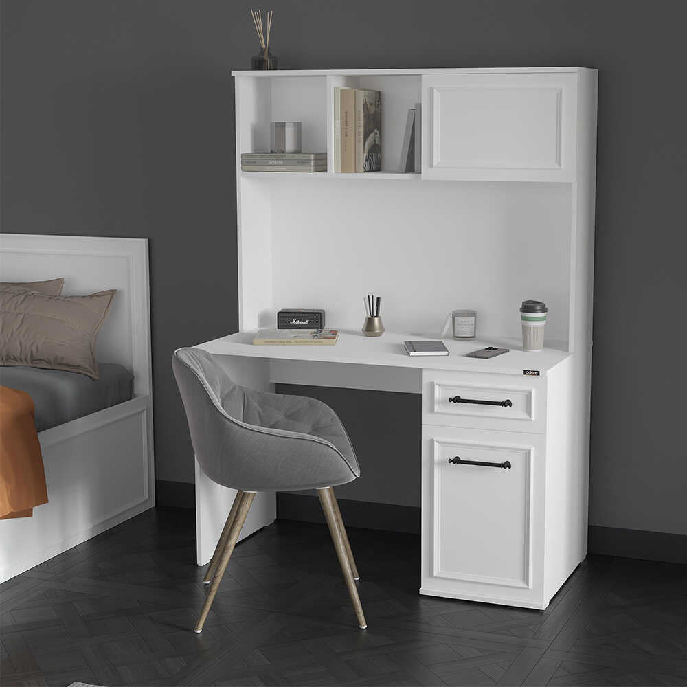 Birou Adore Country cu biblioteca, Alb Mat, 120x167x60 cm
