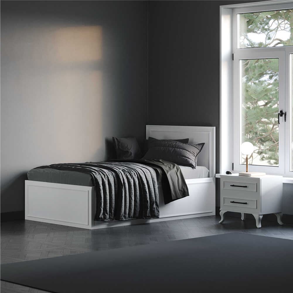 Pat de o persoana Adore Country cu loc de depozitare, Alb, 105x105x205 cm