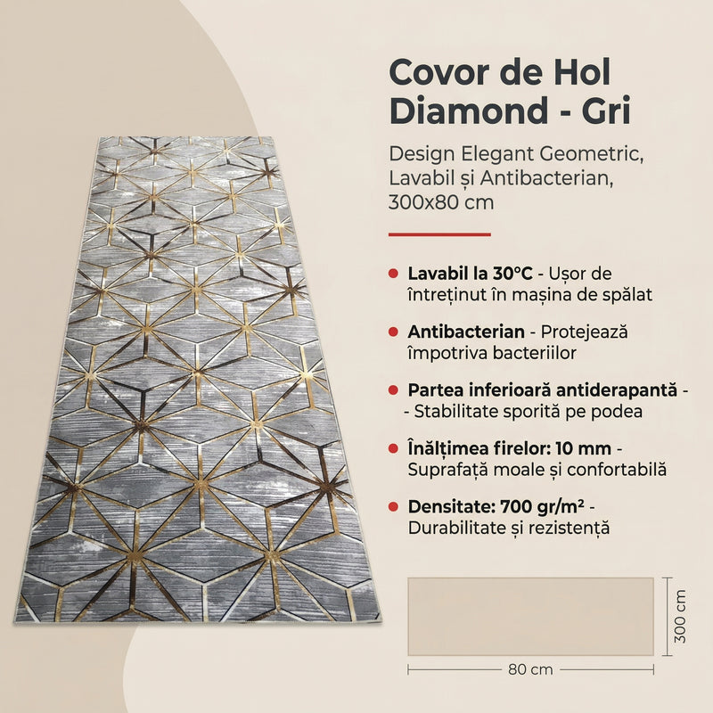 Covor de Hol Diamond, Gri, Lavabil, Antibacterian, Antiderapant, 150x80 cm