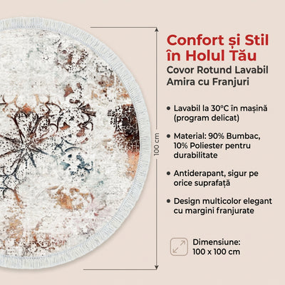 Covor de Hol Rotund Amira,Lavabil, Antiderepant, Multicolor, 100x100 cm