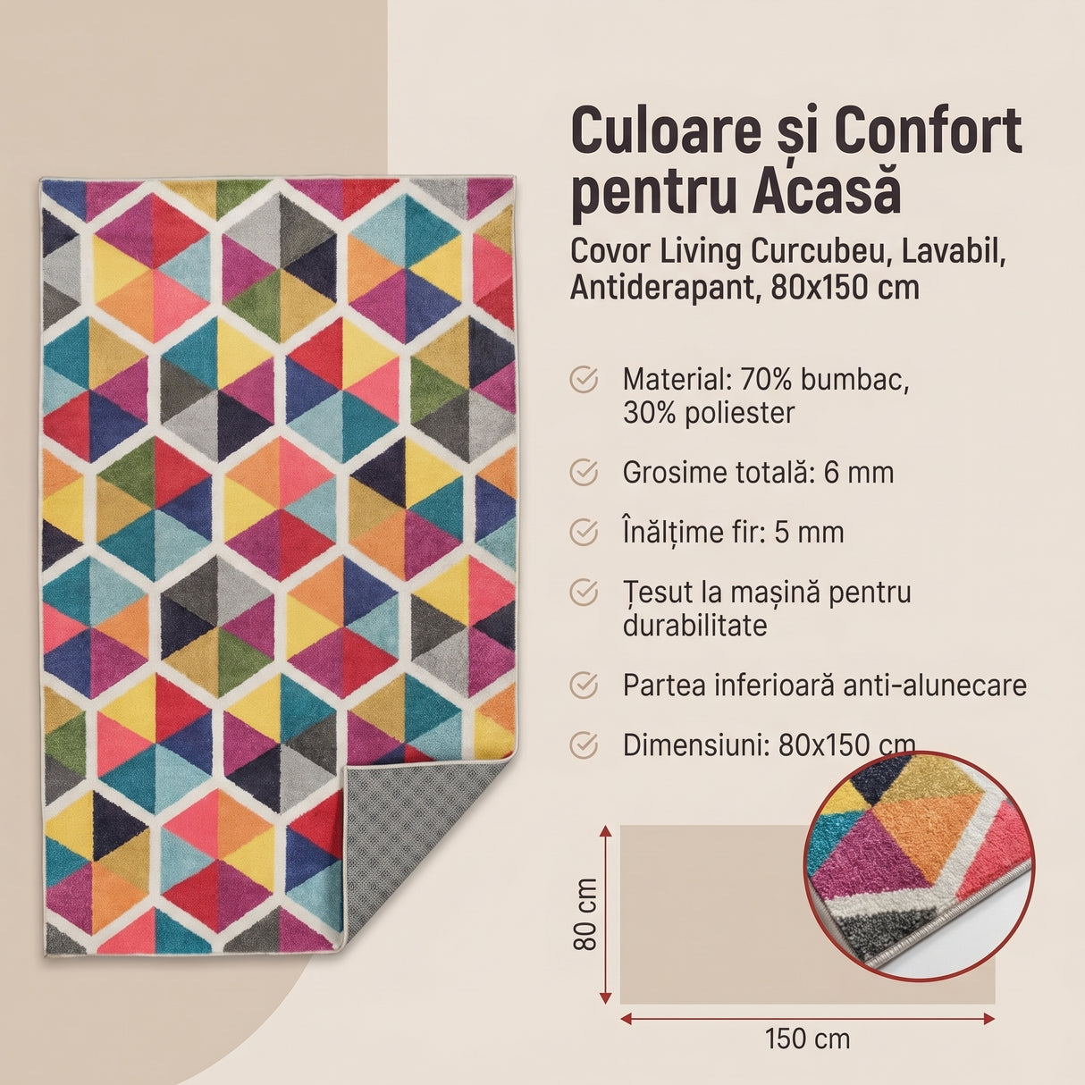 Covor Living - Hol Curcubeu, Lavabil, Antiderapant, 80x150 cm