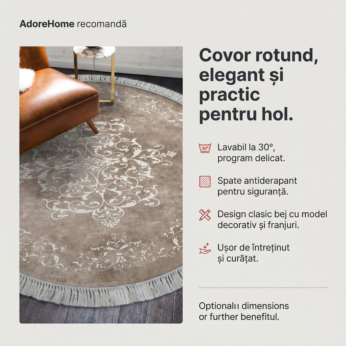 Covor Rotund Lavabil și Antiderapant, Bej - 160 x 160