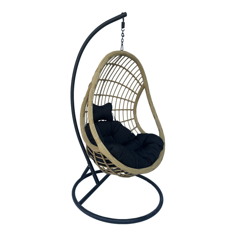 Cuib de leagan Cungo cu suport din metal negru - ratan PE bej cu perne, negre, 125x105x195 cm