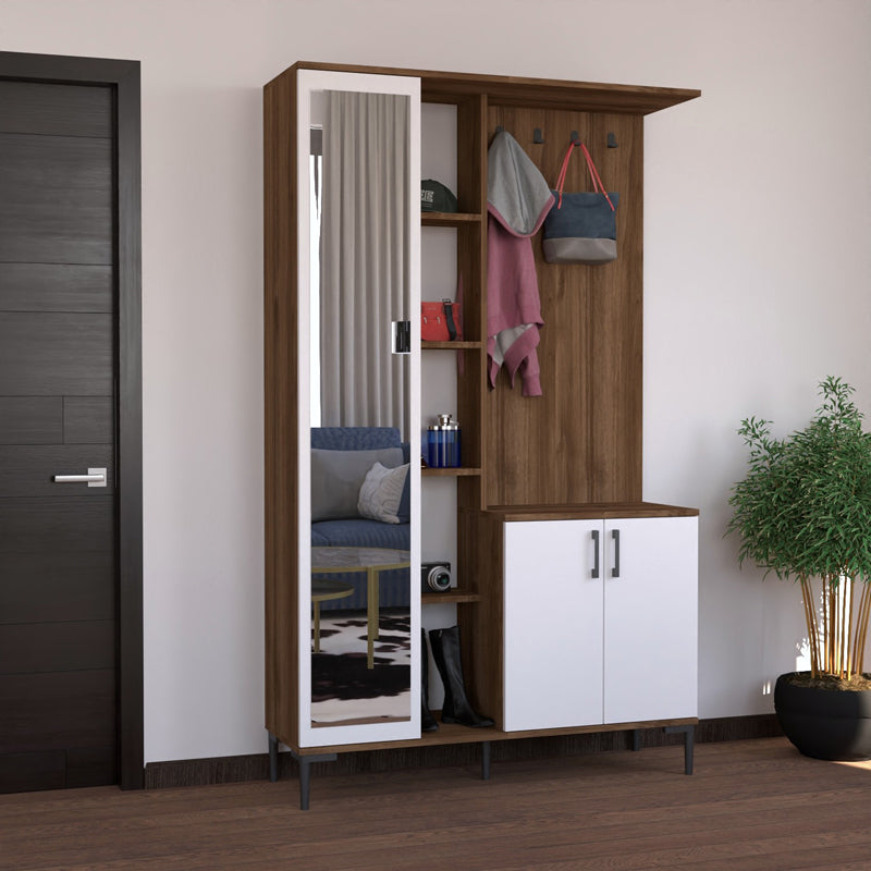 Cuier cu oglindă Melena, Alb/Nuc, Lemn, 120x37x199 cm
