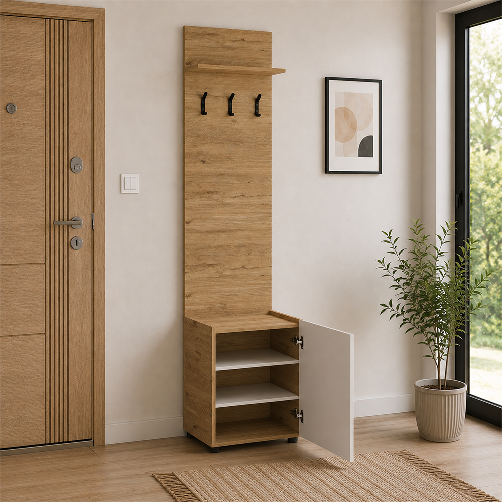 Cuier cu pantofar Adore Porto, 1 usa si 3 agatatori, Stejar - Bej, 51x210x34 cm