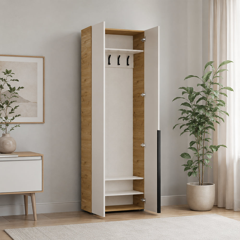 Cuier cu pantofar Adore Porto, 5 agatatori si 4 rafturi, Stejar - Bej, 72x210x34 cm