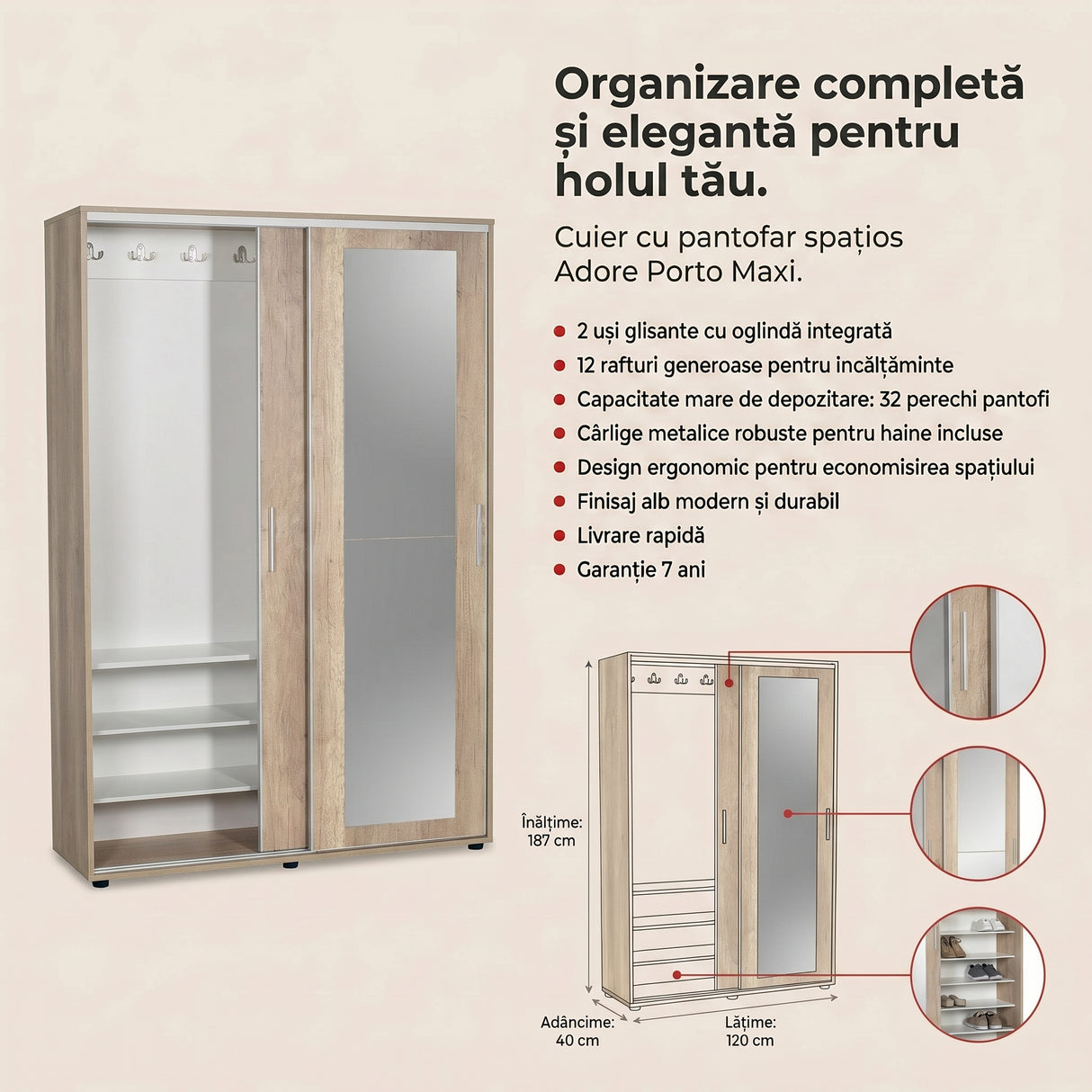 Cuier cu pantofar Adore Porto Maxi, 2 usi cu oglinda, 12 rafturi, capacitate 32 perechi incaltaminte, 120 x 187 x 40 cm - Natur