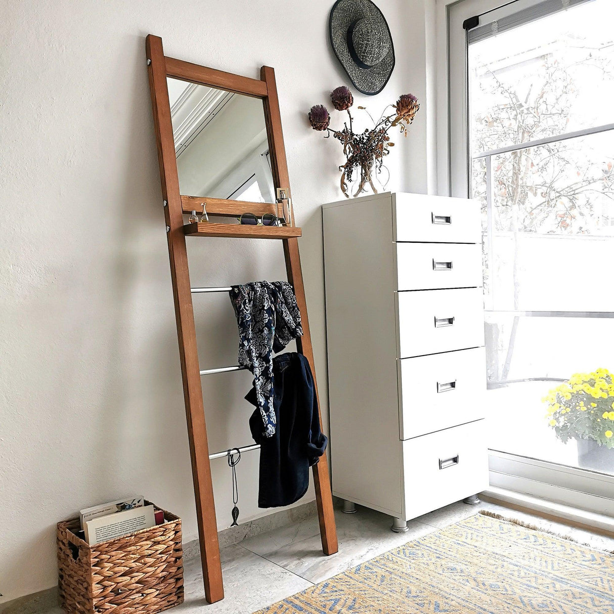 Cuier cu pantofar Aynalı Merdiven Askılık V110, Nuc, 3x170x50 cm