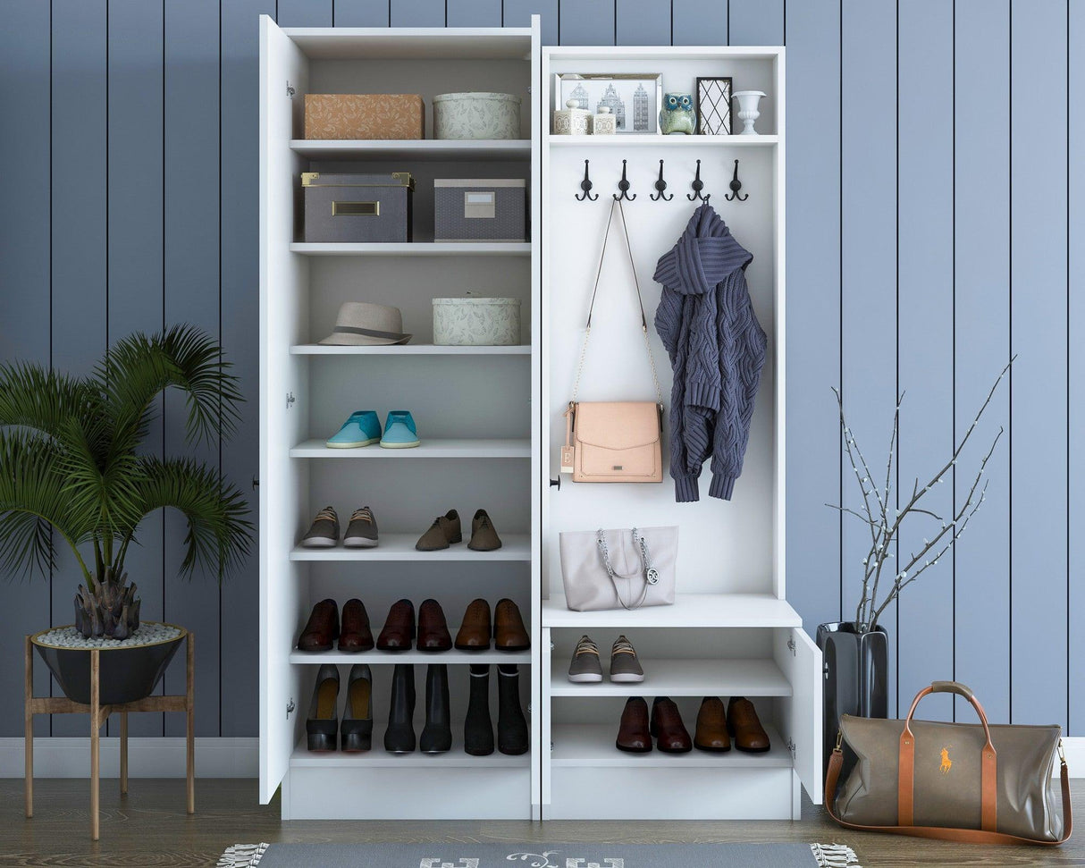 Cuier cu pantofar Belhanda cu 4 usi, Alb, 120 x 183 x 37 cm